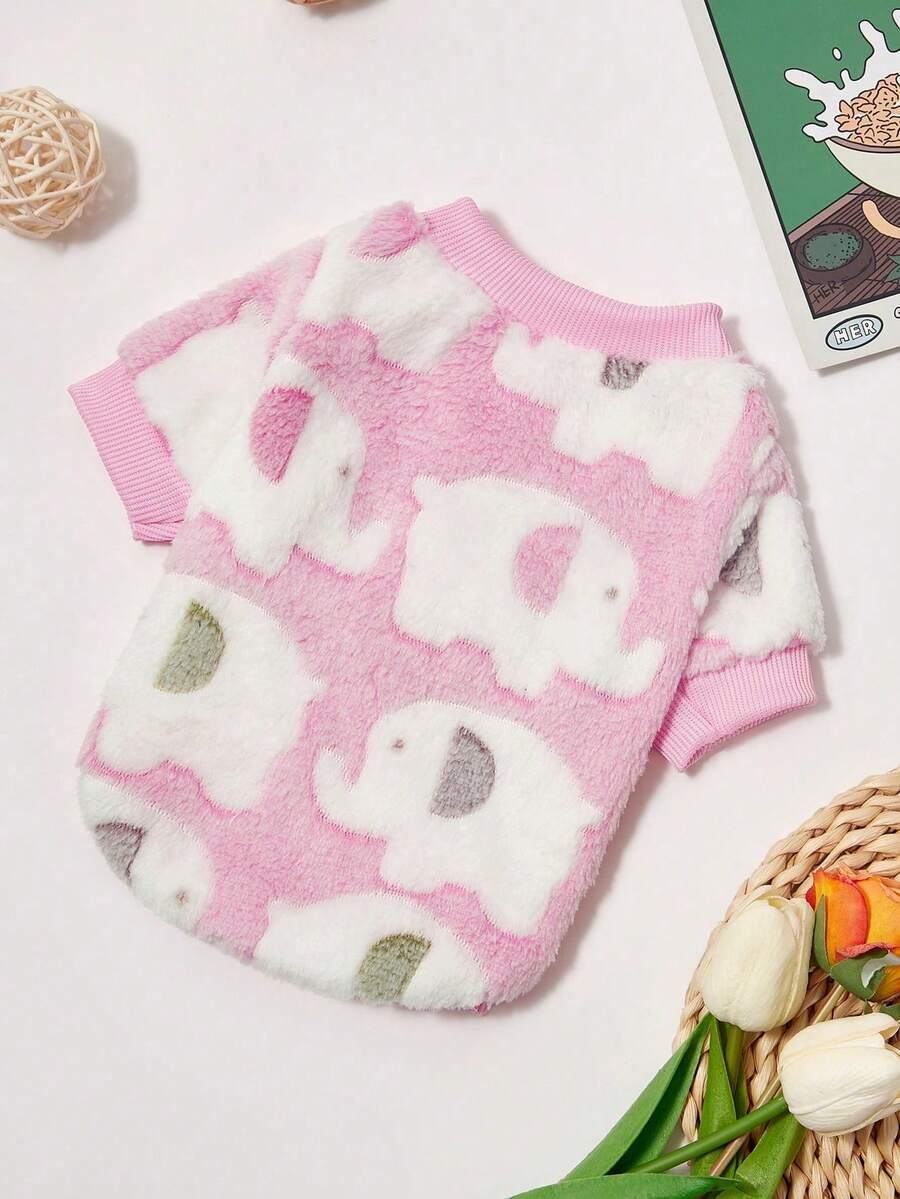 PETSIN 1 Pc Pet Cat Dog Pink Plaid White Elephant Print Warm Crew Neck Sweatshirt - Multicolor - View 1