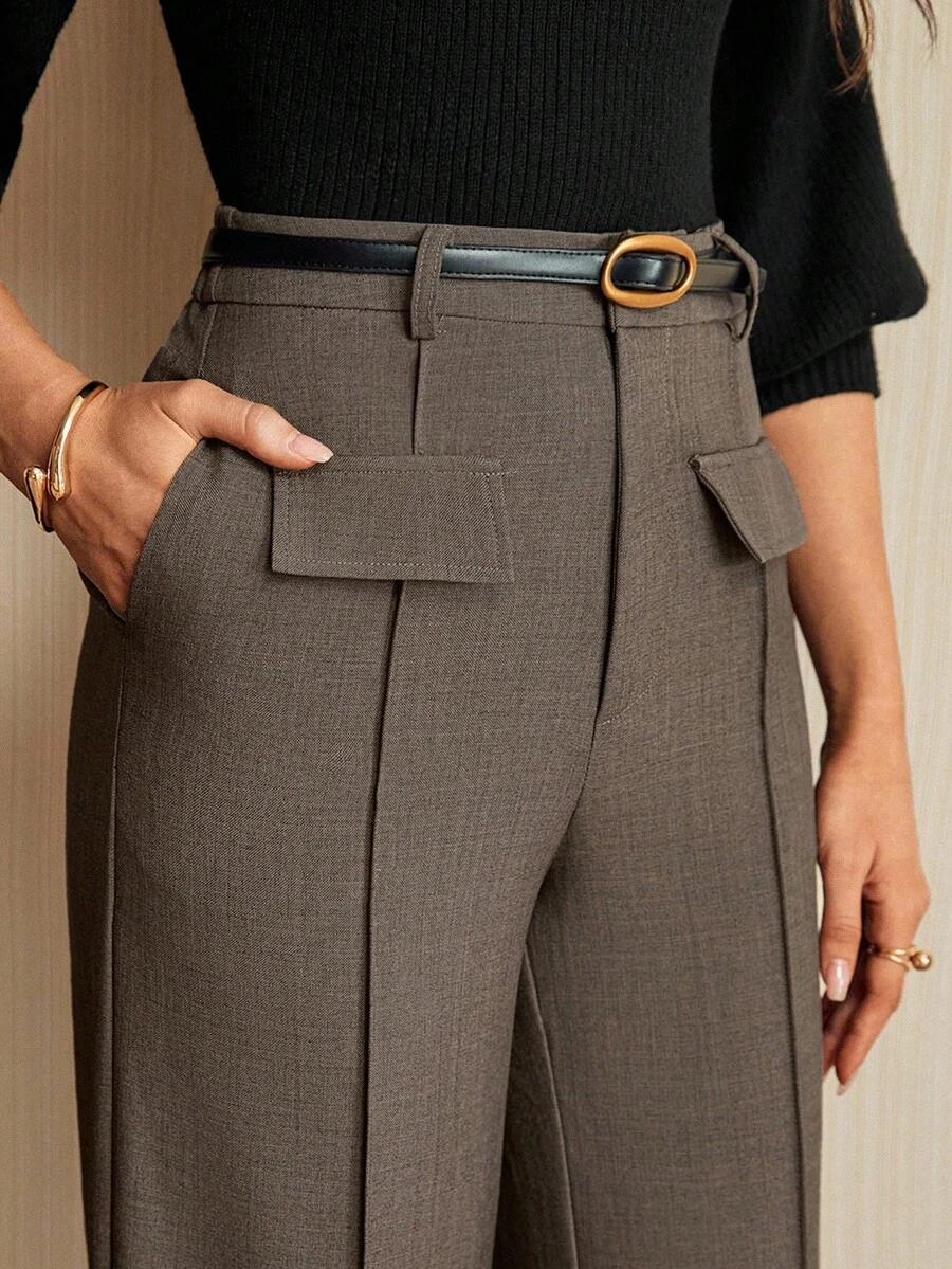 Vintamour Damen Vintage Elegante Hosen mit Taschen in Große Größen, Lässig Workwear Hosen für Urlaub und Frühling - Braun - Übersicht 1