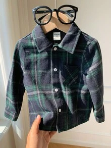 Áo sơ mi kẻ caro cổ bẻ màu xanh lá cây cho bé trai, thích hợp cho tiệc Giáng sinh, lót dày giữ nhiệt cho mùa đông - màu xanh lá - Xem 9