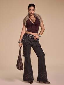 ROMWE Grunge Punk 女款 Y2K 复古毛茸茸短款开衫 - 棕色 - 查看 9