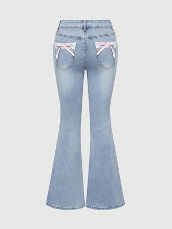 Grunge Punk Damen Skinny Flare Jeans mit Schleifen-Dekor, süß für Dates oder Valentinstag