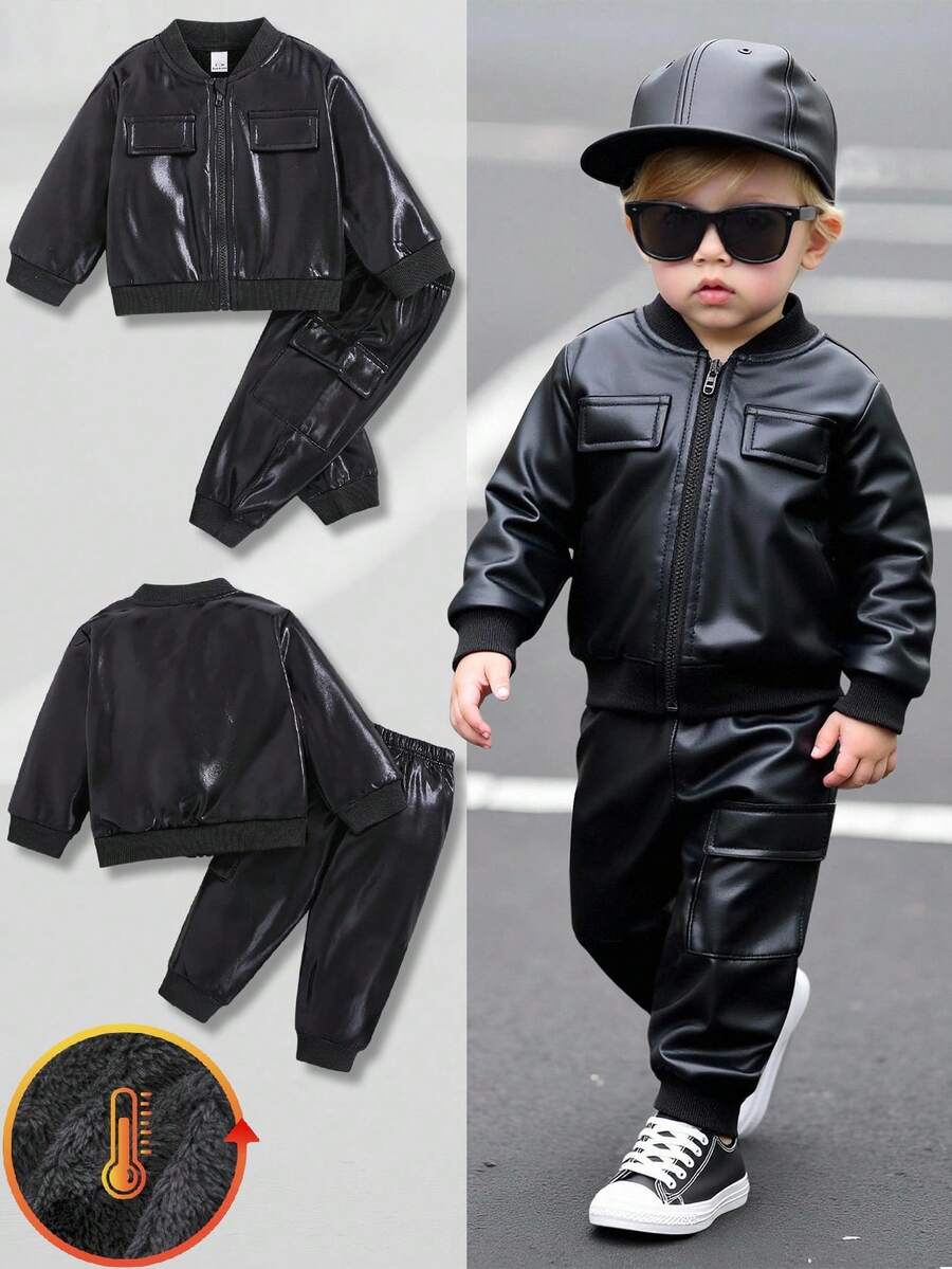 SHEIN Playful Pals 2pcs/Set Toddler Boys Autumn/Winter Glossy Thermal Lined Jacket And Elastic Waist Thermal Lined Pants, Suitable For School, Casual, Personalized, Long Sleeve, Streetwear, 6M-3T, Children Outfit, Infant Clothing Fall - Black - View 1