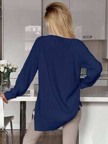 EURMUSE Casual Solid Color Stand Collar Side Slit Raglan Sleeve Sweater, Autumn/Winter - Navy Blue - View 3