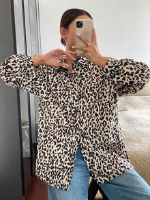 Siren Gaze Women Leopard Print Drop Shoulder Long Sleeve Single-Breasted Shirt,Beige Autumn Casual Night Out Elegant Retro Business Blouses Festival Clothes Tops - Multicolor - View 6