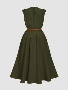 SHEIN MOD Plus Size Women Solid Color Sleeveless Dress, Elegant Office Dress (With Belt) Dress Green Vintage Clothes Olive Dress Elegant Summer Outfits Dress Casual Christmas Outfit - Army Green - View 2