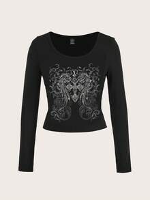 Attitoon Punk Wing, Heart & Cross Pattern Scoop Neck Casual Long Sleeve T-Shirt For Women, Suitable For Halloween, Y2K Style, Streetwear, Vintage, Back To School, Retro, Fall, Vacation, Casual Outfits, Autumn/Winter, Hip-Hop, Style Core Aesthetics, Gothic, Cybergoth Gothic Top Goth Women Clothes Witchy Clothes Gothic Clothing Alt Top,Black Tops