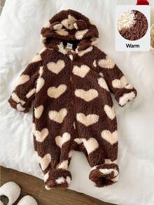 LMoss Kids LMoss  Baby Girl Heart Pattern Knitted Hooded Plush Casual Jumpsuit,Winter Clothes,Cozy Fall & Winter Styles,Styles Confortables D'automne&Hiver,Gemütliche Herbst- & Winterstile,
