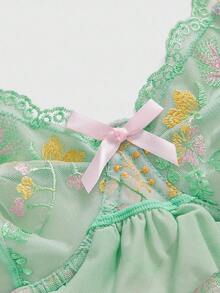ROMWE Kawaii Plus Size Cute Embroidered Contrast Color Underwire Lingerie, For Valentine's Day - Green - View 3