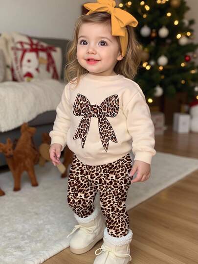 SHEIN Baby Mädchen Lässig Vintage Leoparden Muster Schleife Dekor Khaki Weich Dick Crew Neck Langarm Sweatshirt und Leggings Set, geeignet für Herbst/Winter