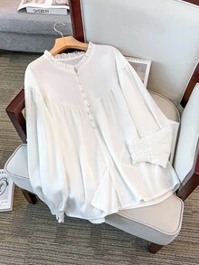 GlowEve CURVE Plus Size Women's Solid Color Frill Trim Round Neck Long Sleeve Button Design Casual Shirt - White - View 3