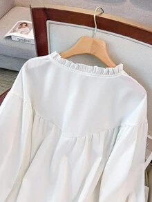 GlowEve CURVE Plus Size Women's Solid Color Frill Trim Round Neck Long Sleeve Button Design Casual Shirt - White - View 8