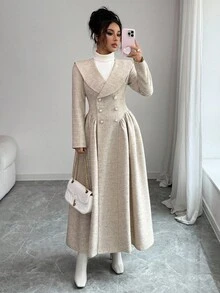 Elenzga 优雅别致的法式翻领长袖双排扣珍珠纽扣装饰褶裥A字型大衣，米色 - 卡其色 - 查看 6