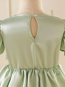 Glamorique Kids Baby Girls' Elegant Satin Puff Sleeve Vintage Bow Decor Peplum Dress, Formal Outfit Sage Green Baby Girl Dress Satin Dress Baby