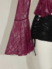SHEIN ICON Women's V-Neck Burgundy Lace Flare Sleeve Semi-Sheer Top - Burgundy - View 9