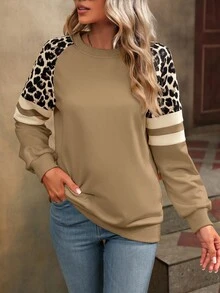 EMERY ROSE Leopard Print Patchwork Raglan Sleeve Sweatshirt - Khaki - View 5