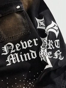 ROMWE MEN Street Life 男士时尚印花长袖牛仔衬衫，休闲装 - 黑色 - 查看 5