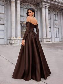 Aureia Đầm maxi satin xếp ly tay ngắn, trễ vai, xuyên thấu, viền ren, màu đen sang trọng, thanh lịch, phù hợp cho đám cưới, tiệc tùng, kỳ nghỉ, dạ hội, hẹn hò, các dịp trang trọng (chất liệu dày dặn), thích hợp cho ngày Valentine. - Cà phê nâu - Xem 3