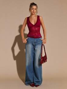 SHEIN BAE Áo hai dây ren cổ chữ V sâu màu trơn, áo ba lỗ đi nghỉ, xuân/hè - Đỏ - Xem 1