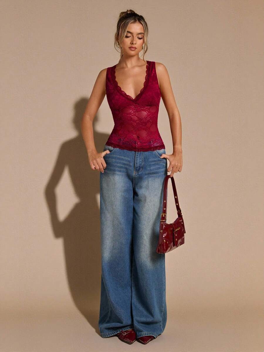 SHEIN BAE Áo hai dây ren cổ chữ V sâu màu trơn, áo ba lỗ đi nghỉ, xuân/hè - Đỏ - Xem 1