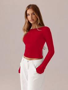 SHEIN SXY Áo đen; Áo thun nữ hở lưng buộc dây gợi cảm tương phản; Áo thun nữ cổ tròn tay dài màu đen trơn dáng ôm, thích hợp cho hẹn hò, trẻ trung và gợi cảm, đi chơi hàng ngày, trang phục mùa thu, trang phục hẹn hò du lịch hàng ngày; trang phục công sở đi chơi hàng ngày - Đỏ - Xem 6