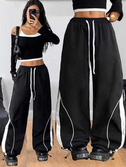 Coolane 女士秋冬街头服饰复古 Y2K 节日外出基本日常穿着必备品拼色黑色阔腿裤