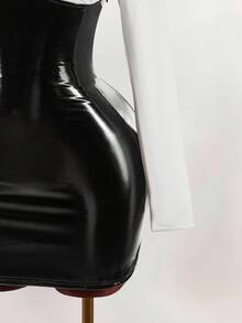 Amplova 女式拼色立领长袖 PU 皮革拼接修身时尚迷你连衣裙 - 黑與白 - 查看 7