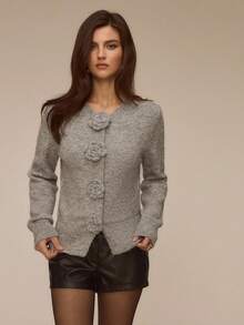 ATUI Studio Gray Vintage 3D Floral Cardigan, Long Sleeve Knitted Sweater Jacket, Fashion, Simple, Versatile, Casual Style, Loose Fit, Women Autumn Outerwear,Cozy Fall And Winter Clothes For Women