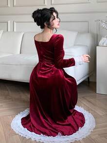 DAZY Đầm Maxi thanh lịch cổ vuông dài thắt eo bằng vải nhung tương phản ren chắp vá cho nữ, năm mới, Giáng sinh - Màu Đỏ Sâu - Xem 4