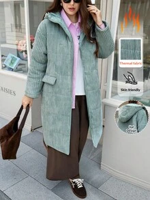 SHEIN LUNE 大码纯色极简连帽长袖外套，休闲日常穿搭，秋冬商务休闲工作教师办公室适用，适合日常穿着、度假优雅造型、办公室女神风。 - 綠色 - 查看 7