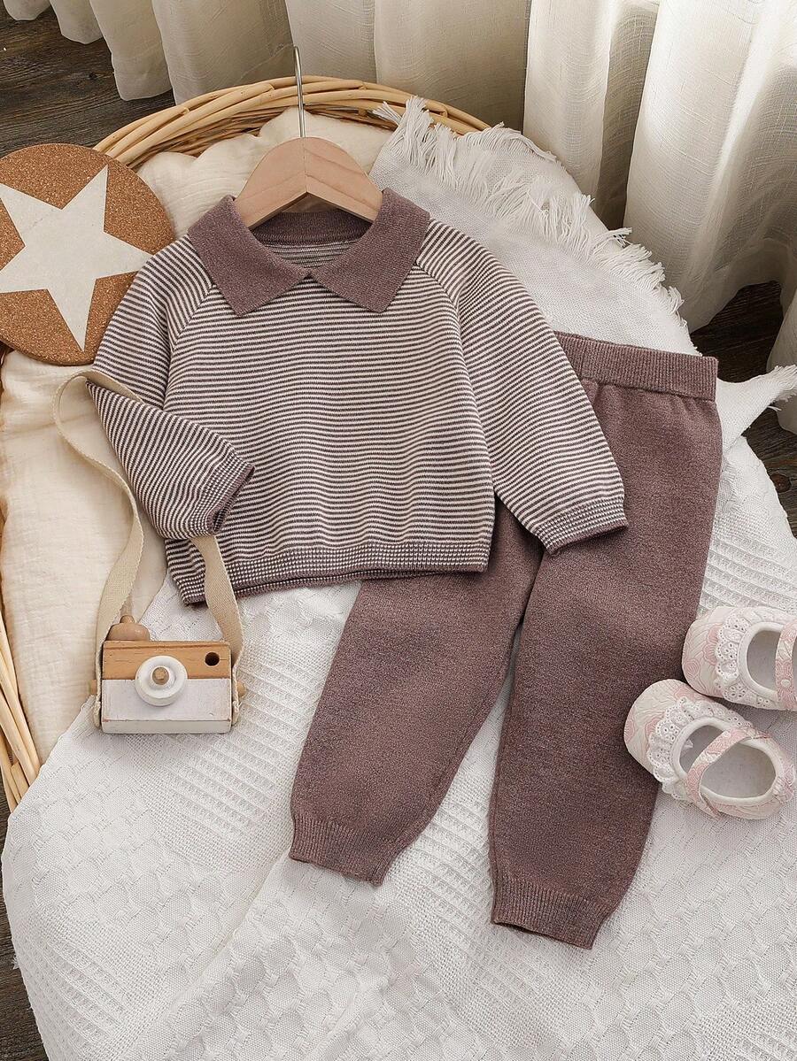 SHEIN Baby Boy Striped Raglan Sleeve Polo Collar Sweater And Knitted Pants Casual Outfit, Autumn Baby Boy Clothes Brown Autumn And Winter Two Piece Suit Baby Winter Clothes Baby Boy Sweater Set Neutral Baby Clothes Unisex Baby Girl Winter Sets Fall Baby Boy Knitted Set Neutral Baby Clothes Unisex 2026 Knit Two Piece Toddler - Mocha Brown - View 1