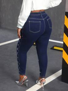 Slaydiva 大码水钻装饰时尚牛仔裤 闪亮牛仔裤 图案牛仔裤 印花牛仔裤 图形牛仔裤 曲线加大牛仔裤 冬季女裤 - 深色水洗藍 - 查看 2