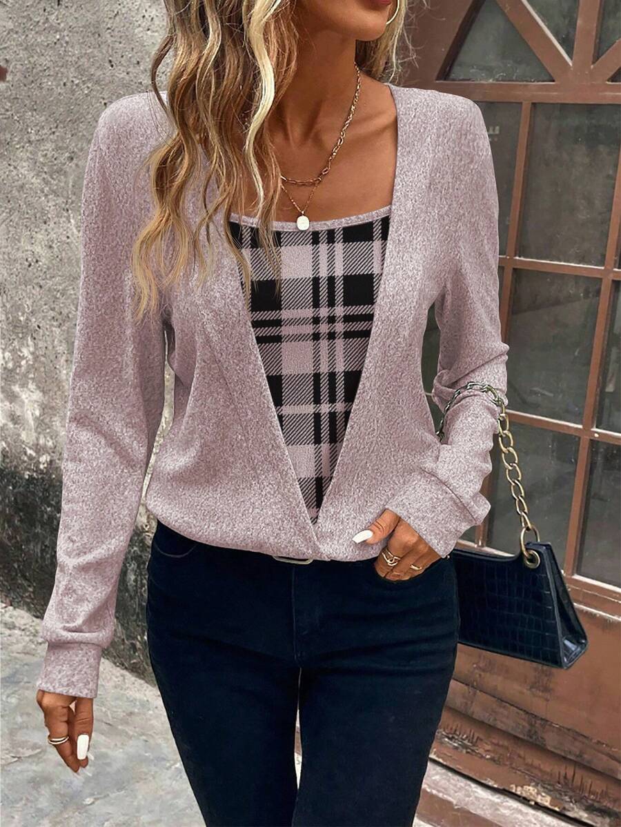 EMERY ROSE Women's Plaid Long Sleeve Casual Pullover Sweatshirt, Versatile - Pink - View 1