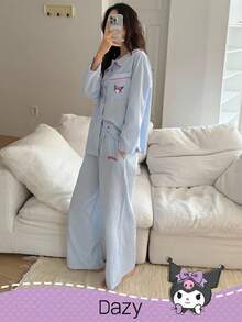 DAZY HELLO KITTY AND FRIENDS | SHEIN 女士卡通图案条纹撞色滚边彼得潘领上衣和裤子睡衣套装，秋冬服装 - 藍色 - 查看 3