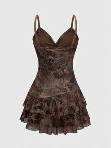 ROMWE Retro Hippie Style Plus Size Women Ruffle Ribbon & Lace Paisley Print Mini Dress - Brown - View 2