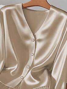 Franclia 女士优雅法式精致迷人开襟衬衫和褶皱中长裙两件套，杏色亮面，春秋 - 卡其色 - 查看 3