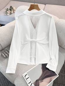 SHEIN Franclia Women's V-Neck Lace Patchwork Long Sleeve Casual Slim Fit Shirt, Back-To-School Season, Winter - White - View 2