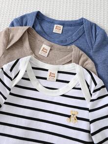 Cozy Pixies 3件套新生儿纯色舒适休闲百搭长袖连体衣，适合室内、室外、日常、运动、玩耍、派对、摄影、度假、节日、春夏秋冬四季穿着 - 小熊图案连体衣、卡其色连体衣、蓝色连体衣，秋季男婴服装长袖3件装，婴儿套装，婴儿服装长袖，新生儿男婴服装，中性婴儿服装 - 卡其色 - 查看 4