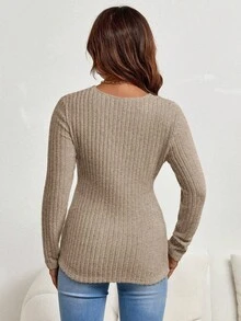 SHEIN Maternity Solid Color V-Neck Long Sleeve Knotted Waist Casual T-Shirt Women Sweaters Pullover For Women Brown Sweater Coffee Brown Top Maternity Clothes Fall Winter - Khaki - View 2
