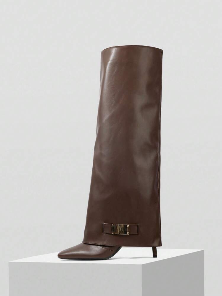 PLEATED PATENT LEATHER KNEE-HIGH RIDING BOOTS, SLIM TALL SHAFT STILETTO HEEL WOMEN BOOTS
