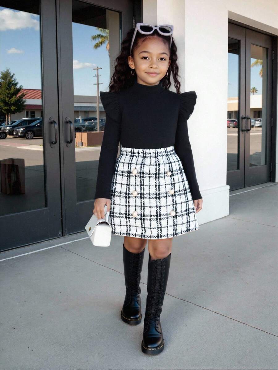 Tween Girl Ruffle Trim Tee & Plaid Fake Button Skirt - Black and White - View 1