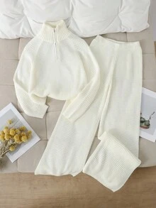 Tween Girl Solid Stand Collar Sweater And Knit Pants Set  Girls Sweater Sets Girl Sweater Pants Set Girl Knit Set Women Sweater Pants Set - Beige - View 1