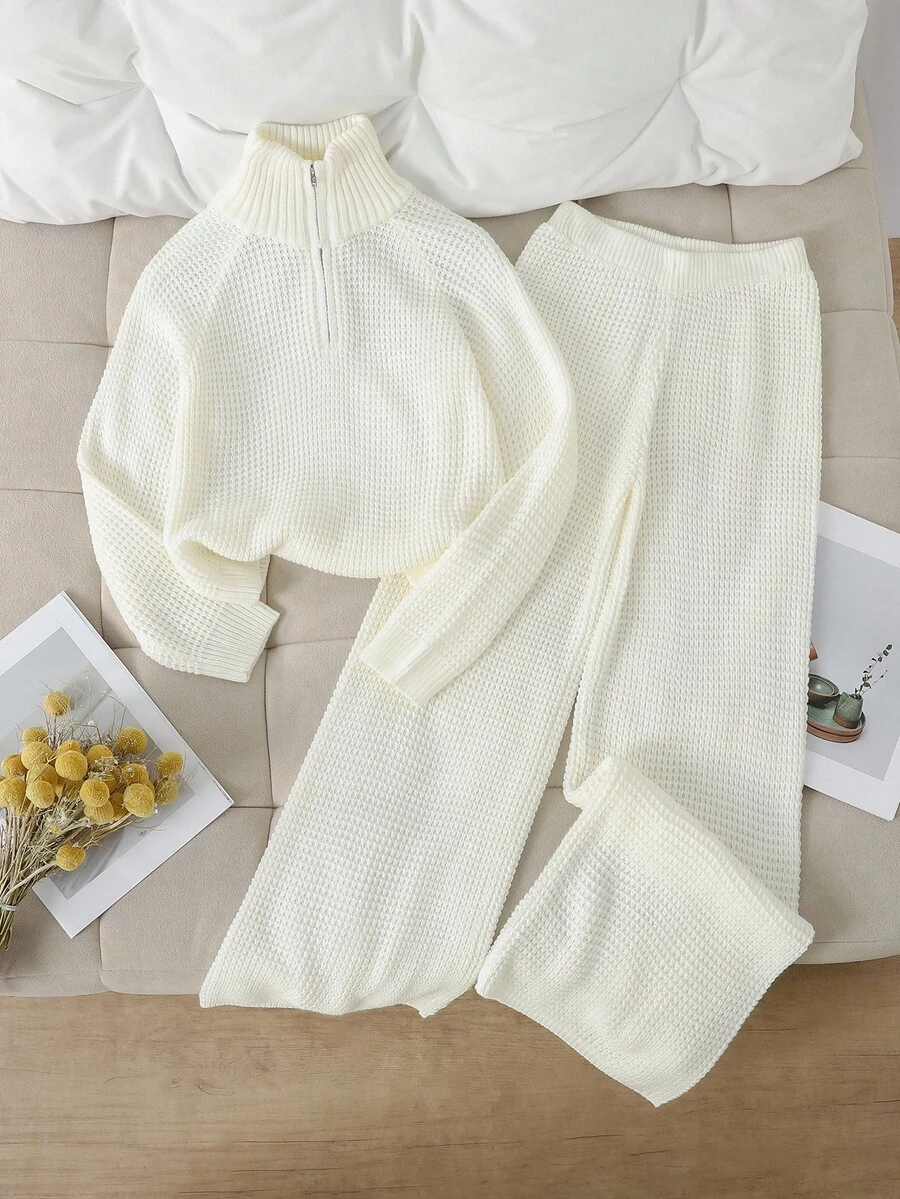 Tween Girl Solid Stand Collar Sweater And Knit Pants Set  Girls Sweater Sets Girl Sweater Pants Set Girl Knit Set Women Sweater Pants Set - Beige - View 1