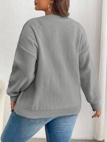 EURMUSE Plus Size Casual Solid Color Drop Shoulder Sweater, Autumn/Winter - Light Grey - View 2