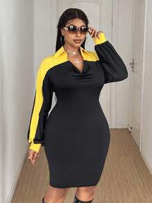 Maweii Plus Size Patchwork Fitted Draped Neck Casual Commuter Stylish Short Dress, Autumn/Winter