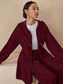 Slimming Zip-Up Hooded Casual Long Sleeve Fashion Jacket, Autumn/Winter - Burgundy - View 3