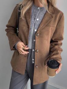 DAZY 女士翻领仿麂皮宽松休闲西装外套商务装 - 咖啡棕 - 查看 6