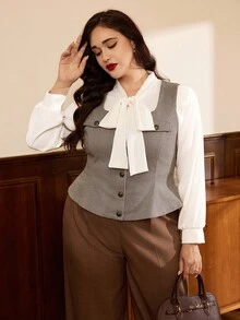 SHEIN Clasi Blusa elegante y versátil de talla grande para mujer con diseño de espiga sin mangas, falsos bolsillos y decoración de botones metálicos en estilo retro - Gris - Ver 5