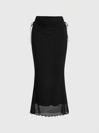 Fairycore تنورة على شكل عروسة البحر بخصر مرن و زينة جوانب مفتوحة بلون واحد