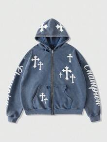 ROMWE MEN Street Life Áo nỉ hoodie ngắn cỡ lớn in hình chữ thập rách dành cho nam, mùa thu - Màu xanh lam - Xem 1
