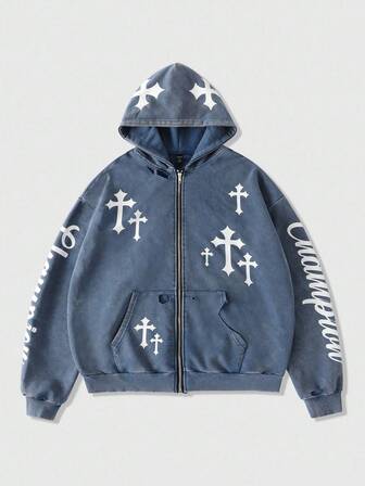 Street Life sweat-shirt à capuche oversize court avec imprimé croix délavé pour hommes, automne